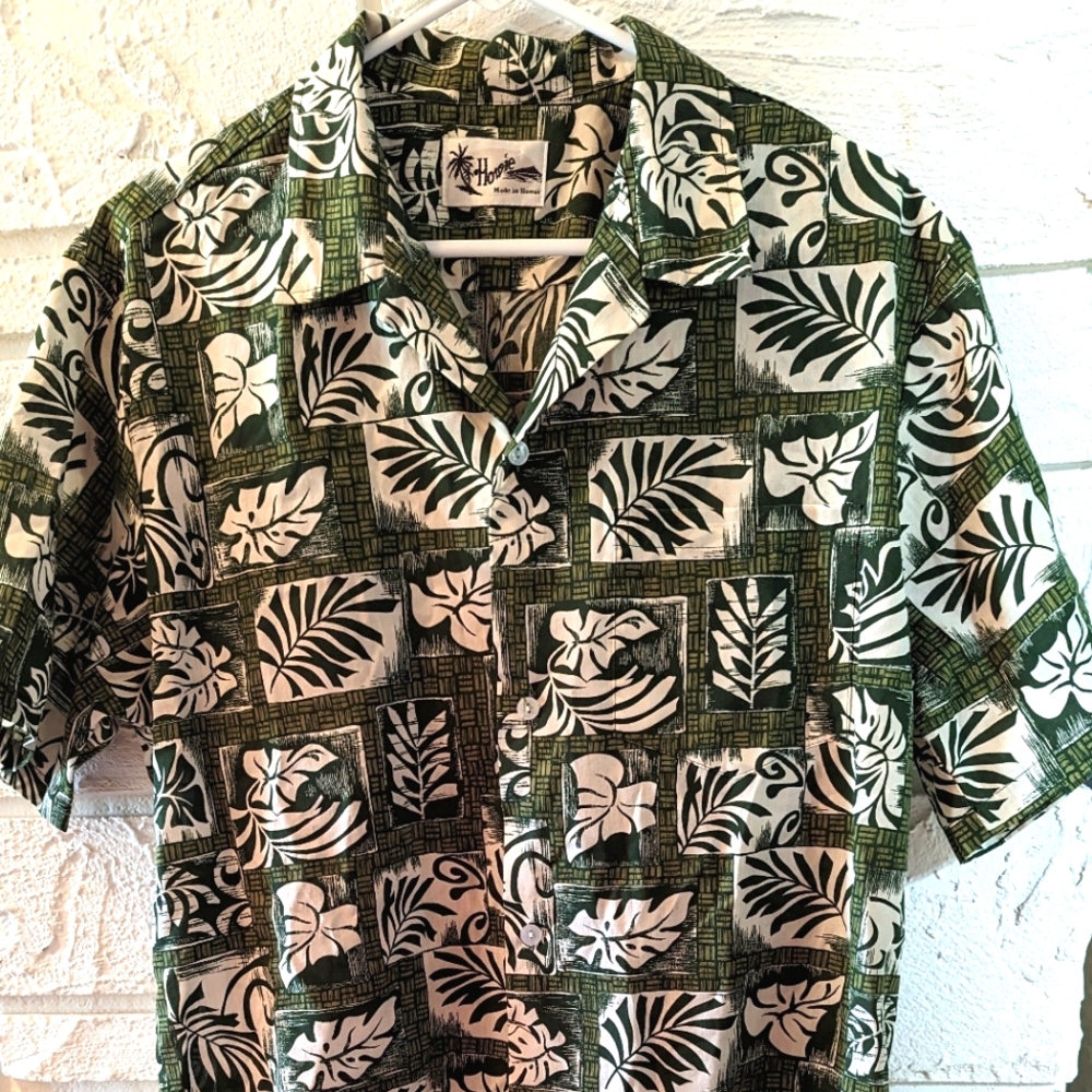 Howie Hawaiian Shirt Aloha! Men's L Green and Off-White